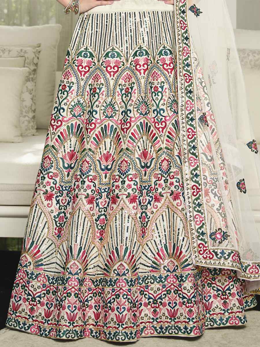 White Silk Embroidered Festival Party Wear Circular Lehenga Choli