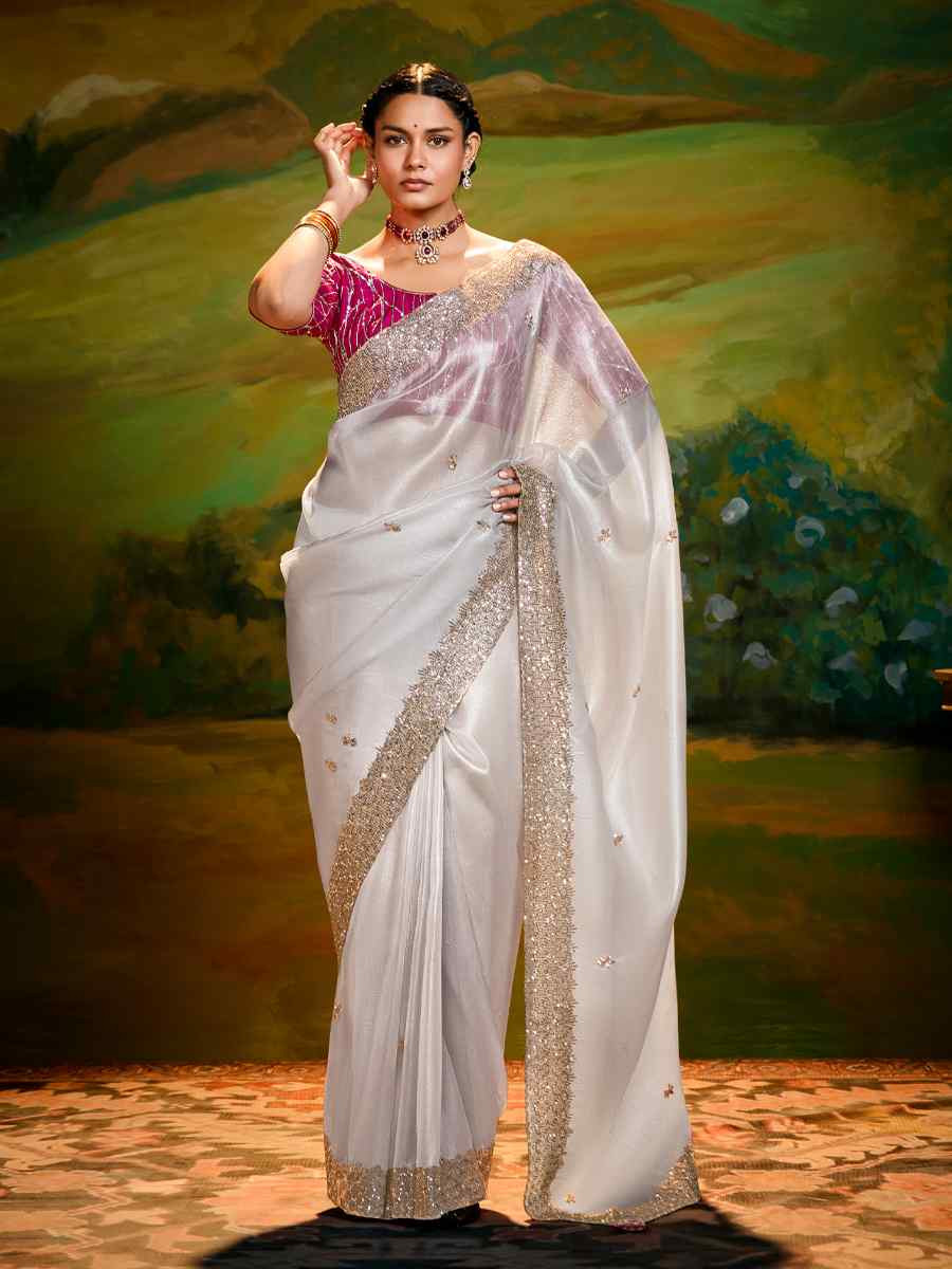 White Silk Embroidered Festival Wedding Fancy Heavy Border Saree