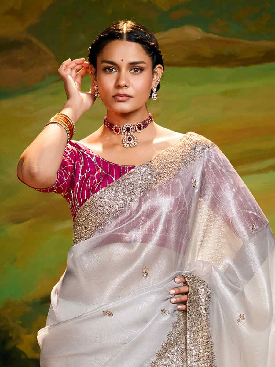 White Silk Embroidered Festival Wedding Fancy Heavy Border Saree