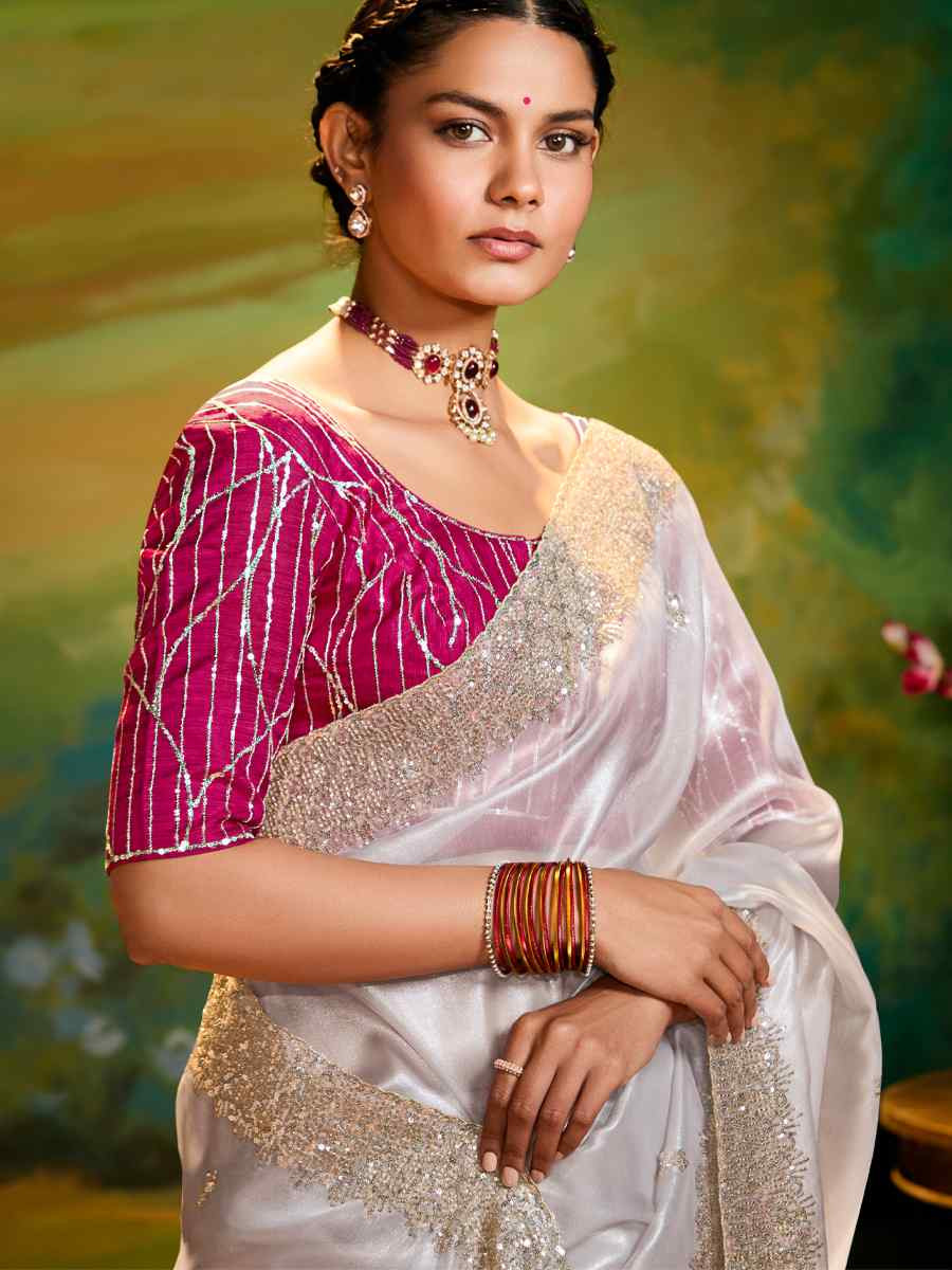 White Silk Embroidered Festival Wedding Fancy Heavy Border Saree