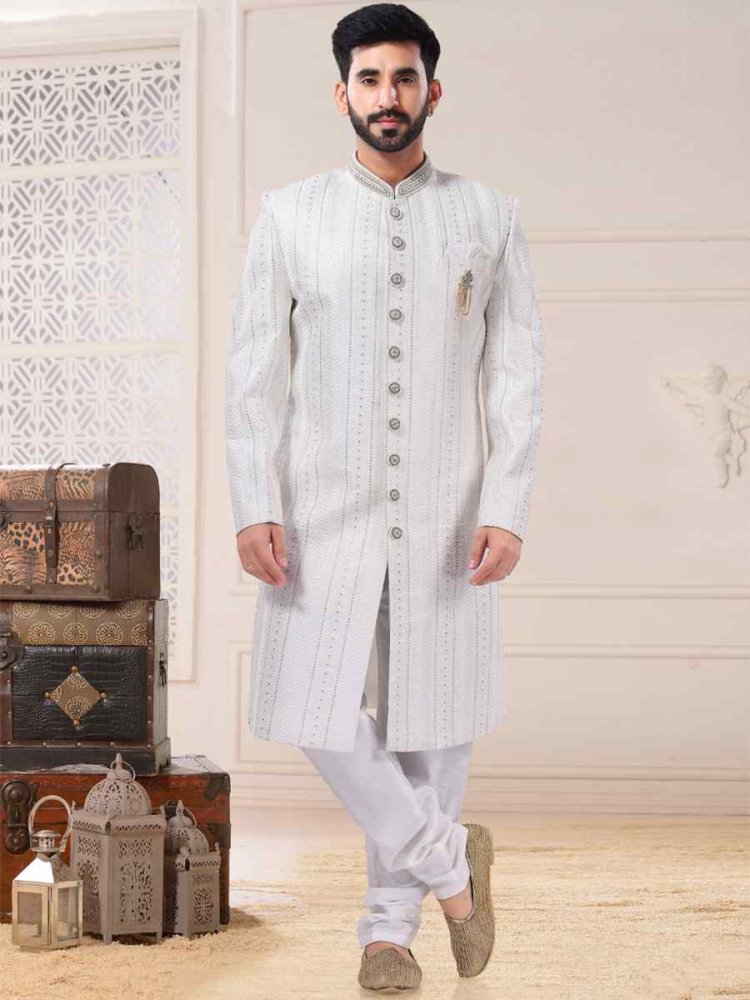 White Silk Embroidered Festival Wedding Sherwani