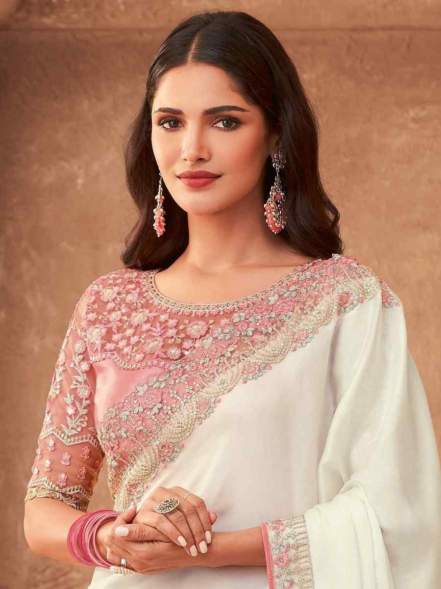 White Silk Embroidered Party Festival Classic Style Saree