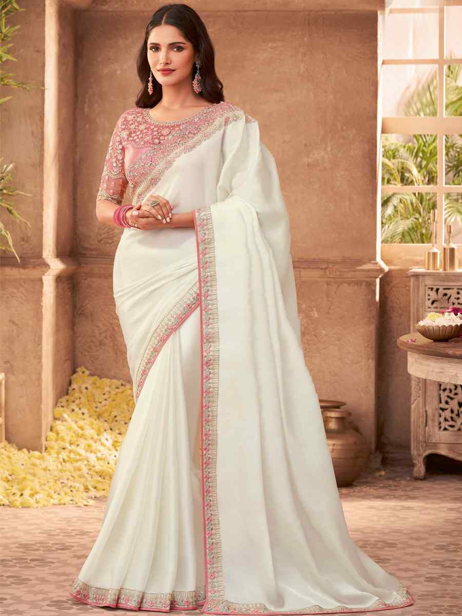 White Silk Embroidered Party Festival Classic Style Saree