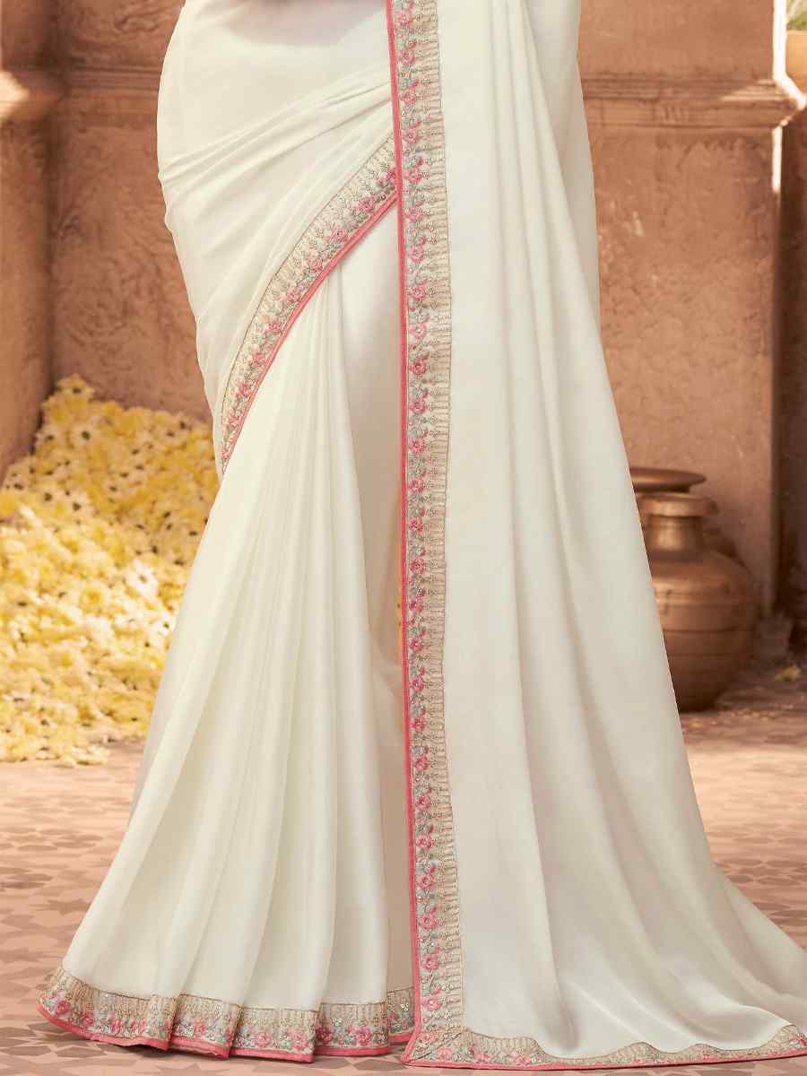 White Silk Embroidered Party Festival Classic Style Saree