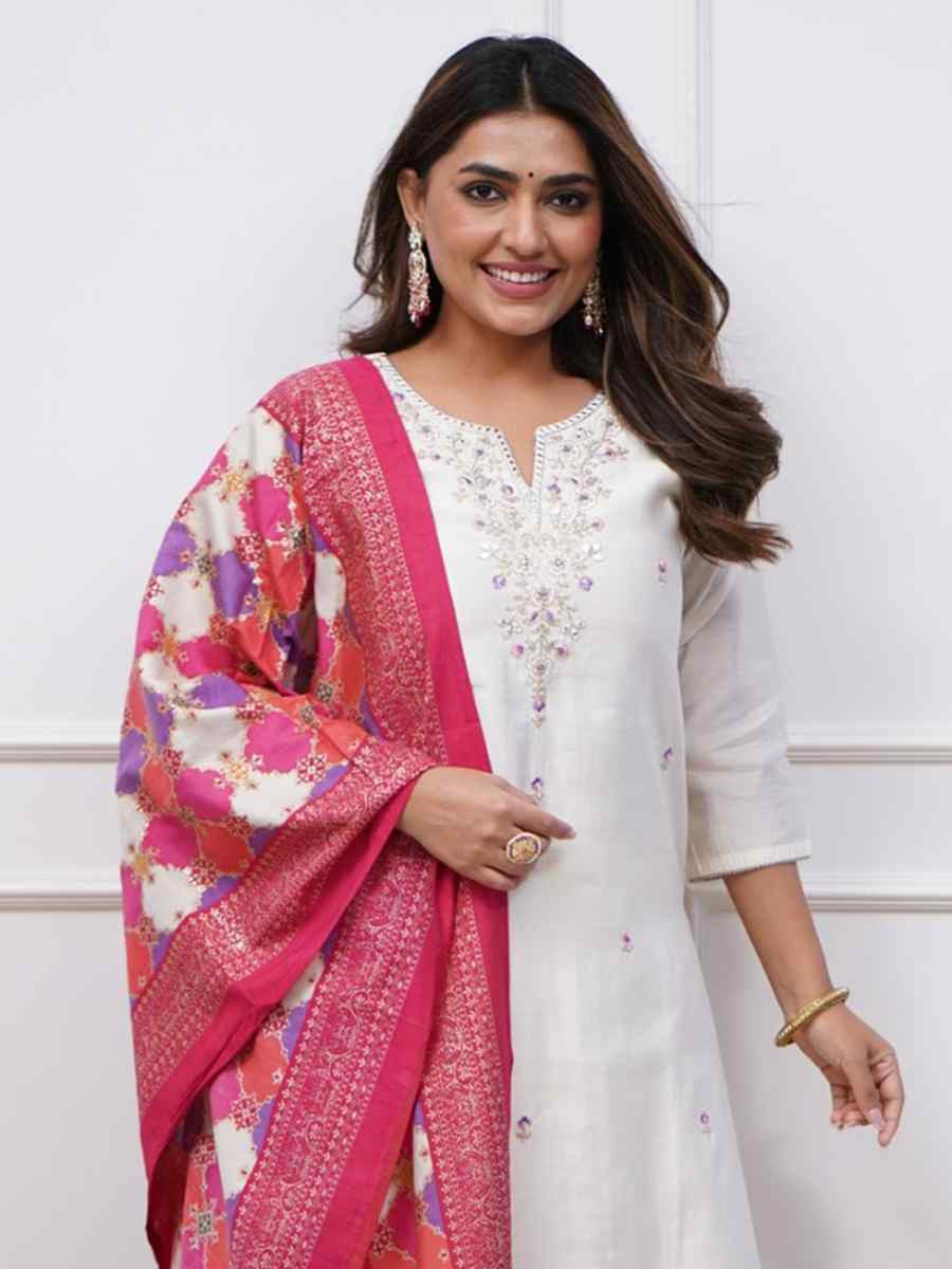 White Silk Embroidered Party Wedding Ready Pant Salwar Kameez