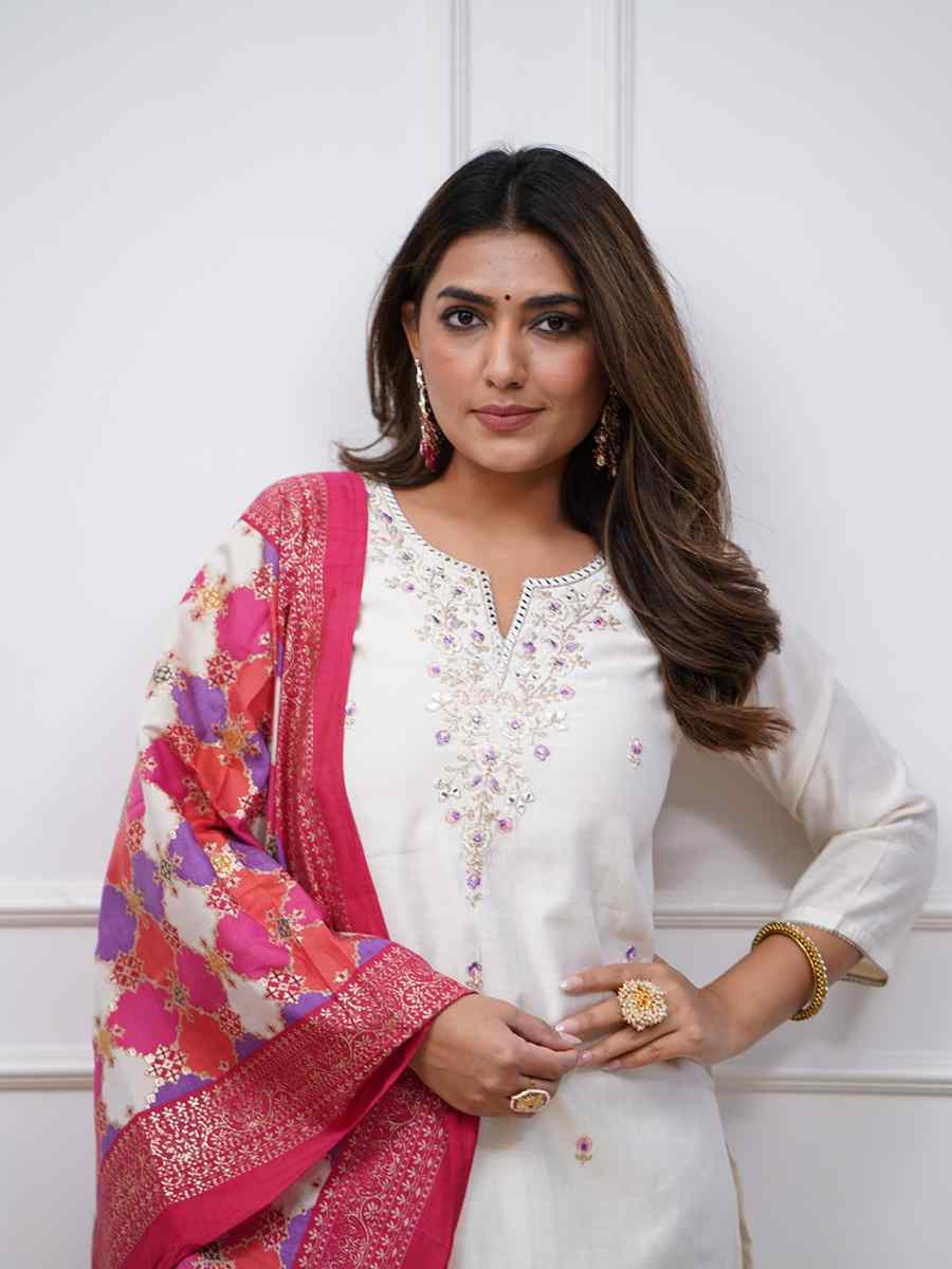 White Silk Embroidered Party Wedding Ready Pant Salwar Kameez