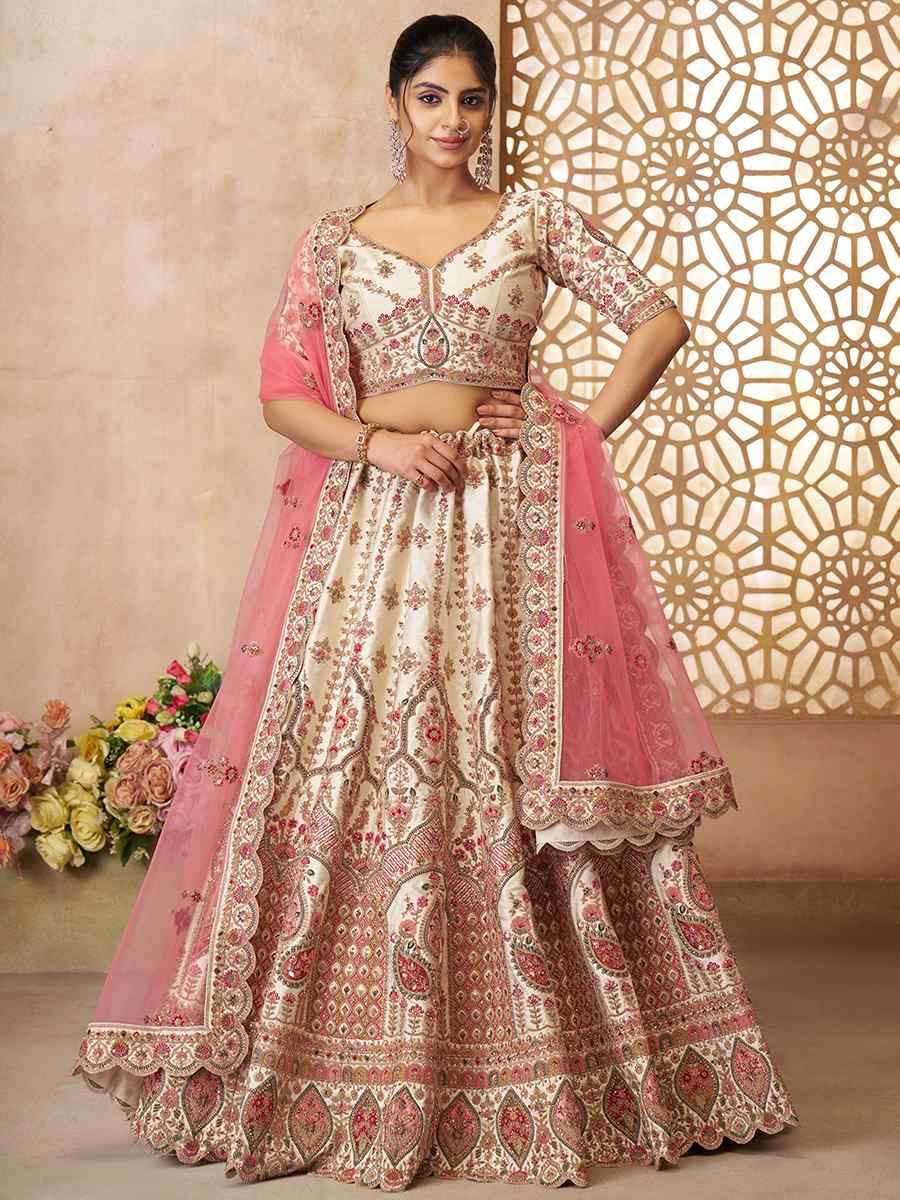 White Silk Embroidered Wedding Bridesmaid Heavy Border Lehenga Choli