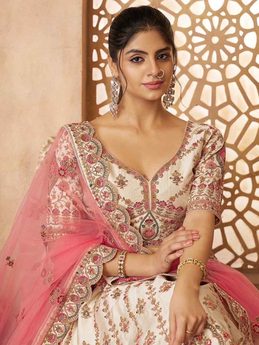 White Silk Embroidered Wedding Bridesmaid Heavy Border Lehenga Choli