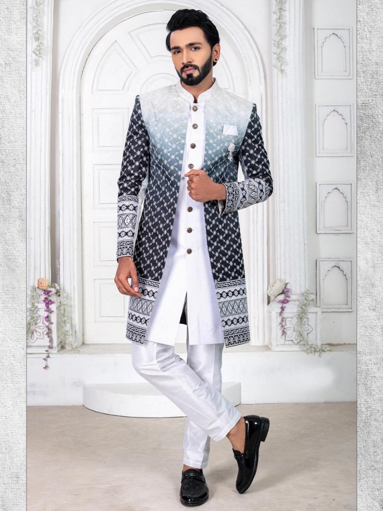 White Silk Embroidered Wedding Groom Sherwani