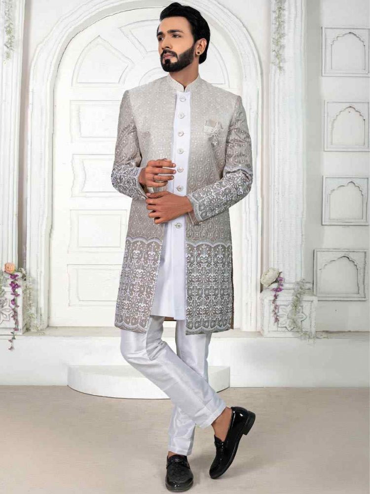 White Silk Embroidered Wedding Groom Sherwani