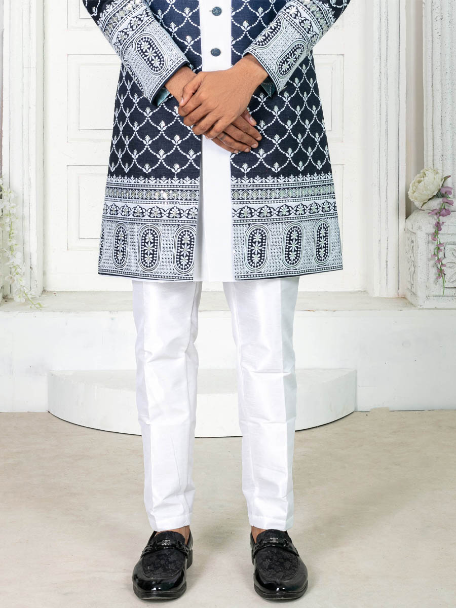 White Silk Embroidered Wedding Groom Sherwani