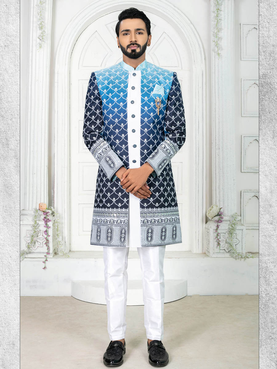 White Silk Embroidered Wedding Groom Sherwani