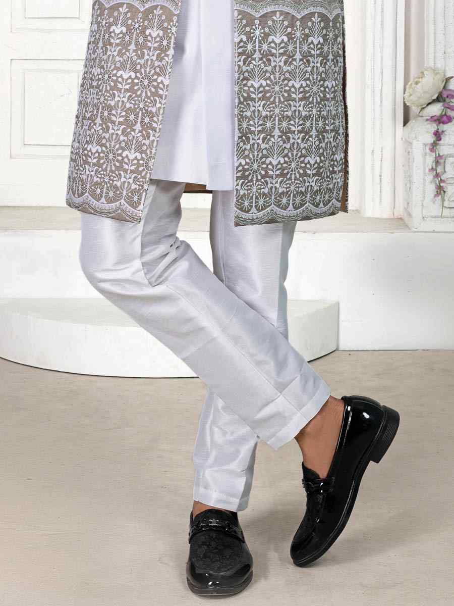 White Silk Embroidered Wedding Groom Sherwani