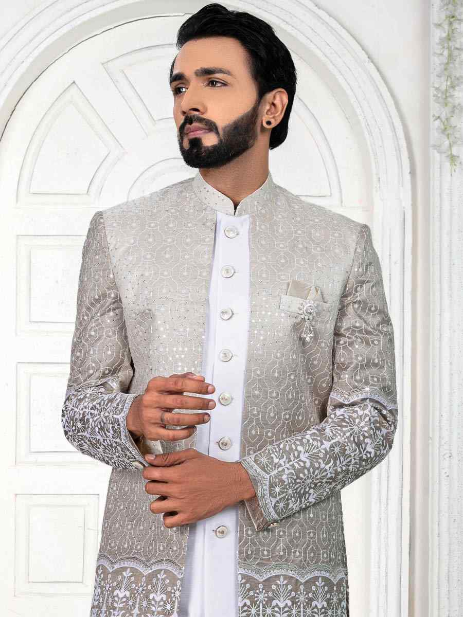 White Silk Embroidered Wedding Groom Sherwani
