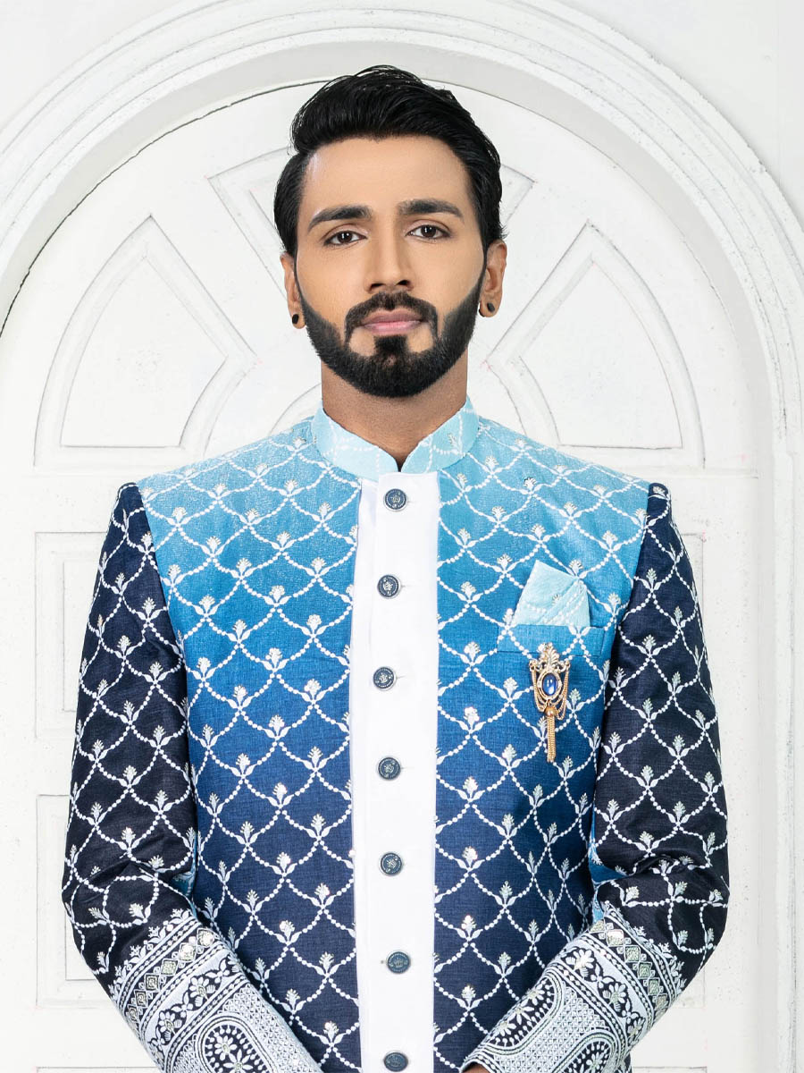 White Silk Embroidered Wedding Groom Sherwani