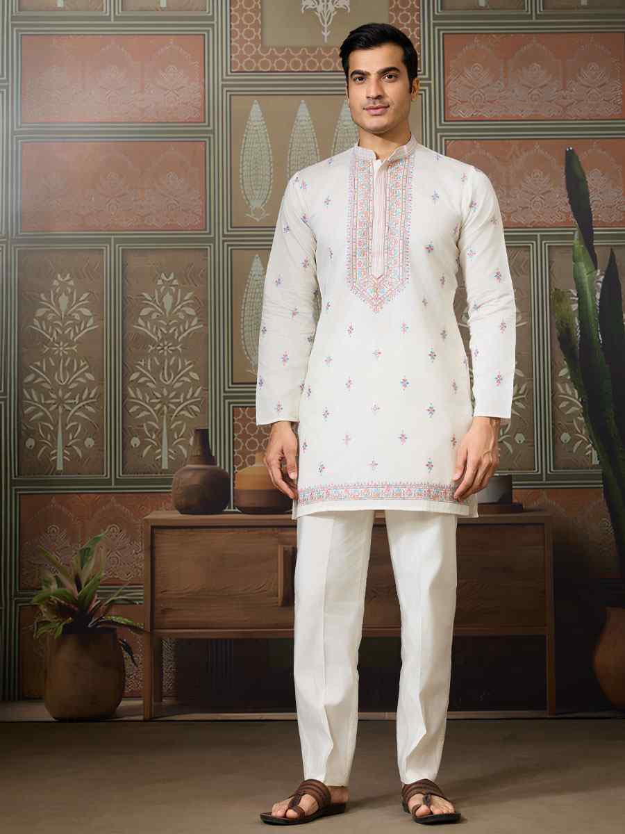 White Silk Embroidery Festival Wedding Party Mens Kurta with Jacket