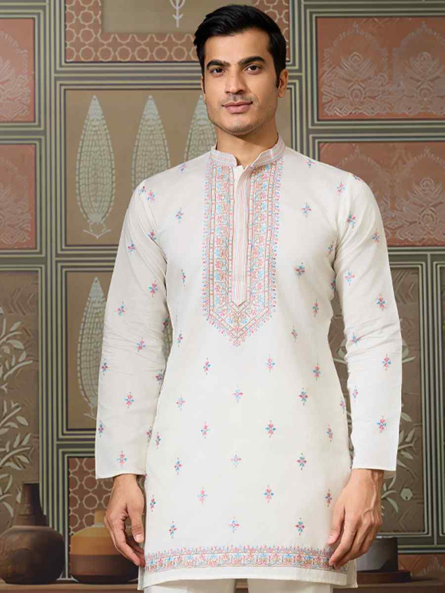White Silk Embroidery Festival Wedding Party Mens Kurta with Jacket