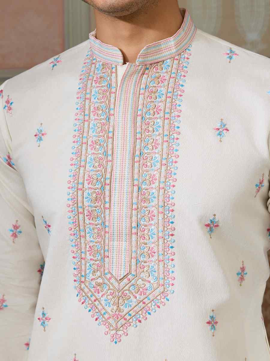 White Silk Embroidery Festival Wedding Party Mens Kurta with Jacket