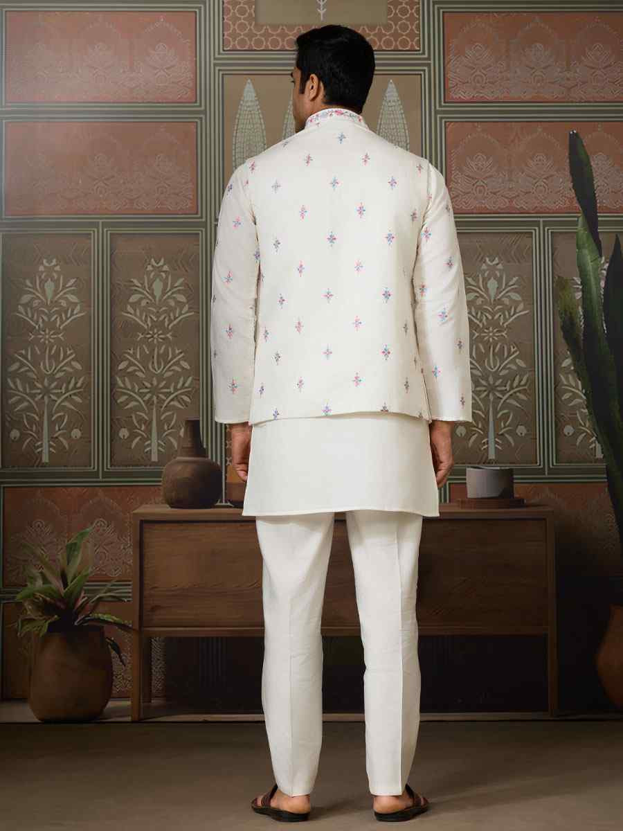 White Silk Embroidery Festival Wedding Party Mens Kurta with Jacket