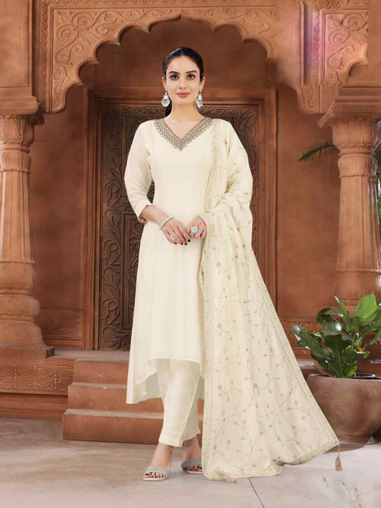 Image of White Silk Embroidery Party Wedding Festival Casual Ready Anarkali Salwar Kameez