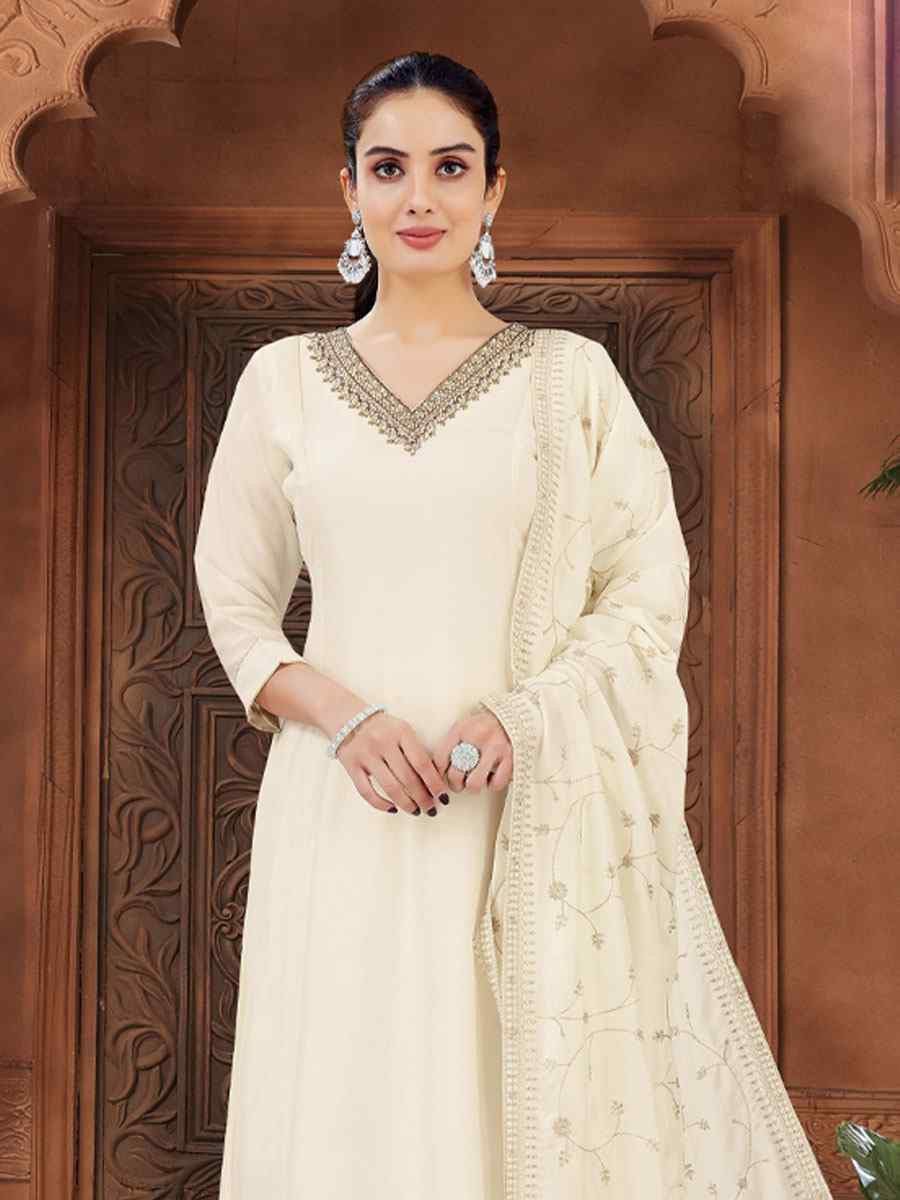 White Silk Embroidery Party Wedding Festival Casual Ready Anarkali Salwar Kameez