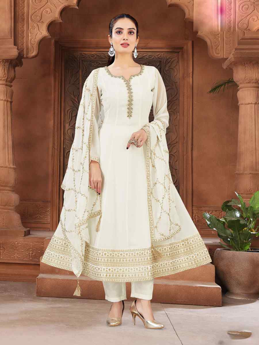 White Silk Embroidery Party Wedding Festival Casual Ready Anarkali Salwar Kameez