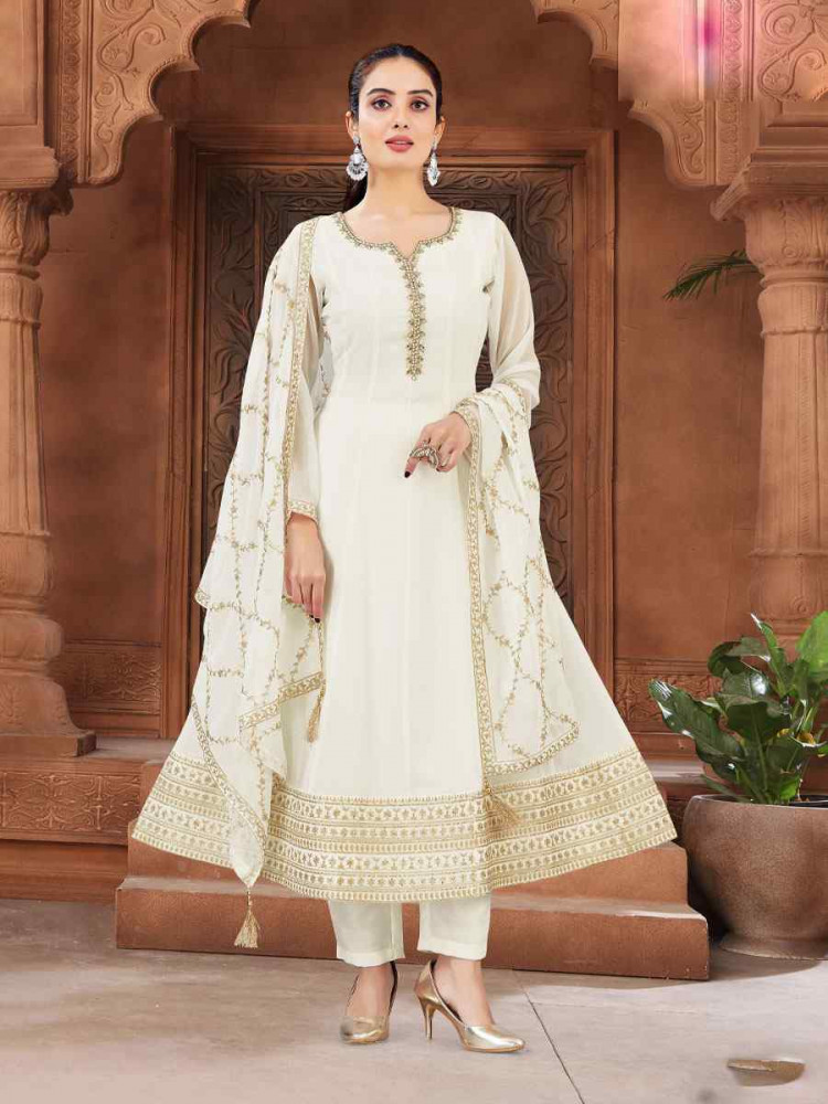 Image of White Silk Embroidery Party Wedding Festival Casual Ready Anarkali Salwar Kameez