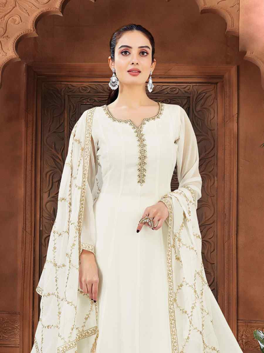 White Silk Embroidery Party Wedding Festival Casual Ready Anarkali Salwar Kameez