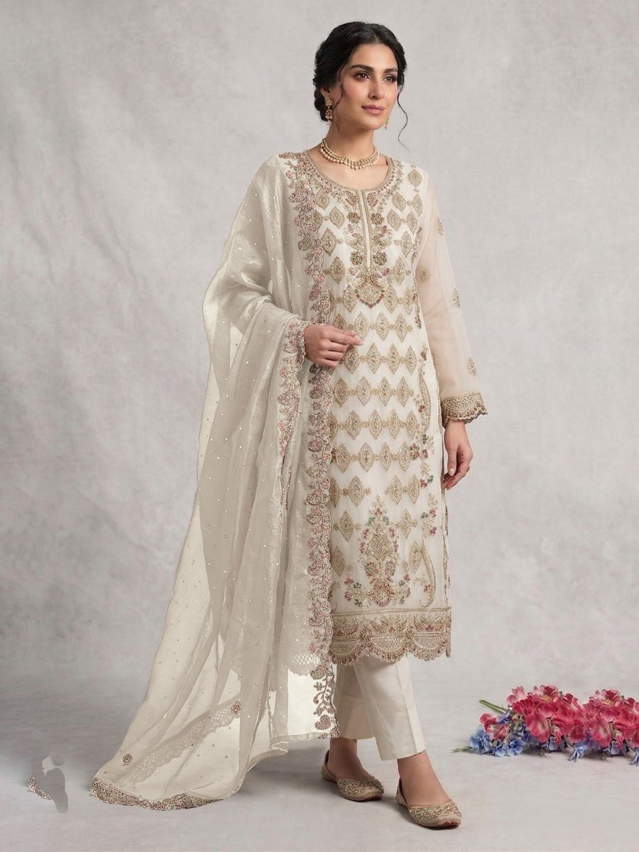 White Silk Embroidery Sequins Diamond Wedding Party Festival Casual Pant Salwar Kameez