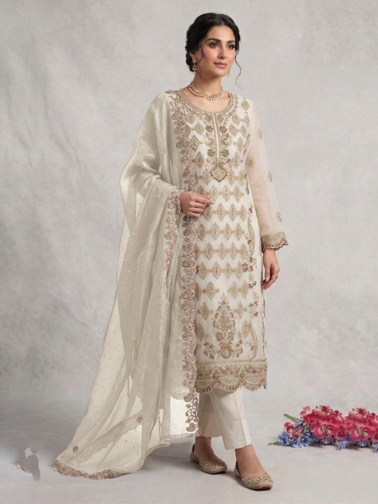 Image of White Silk Embroidery Sequins Diamond Wedding Party Festival Casual Pant Salwar Kameez