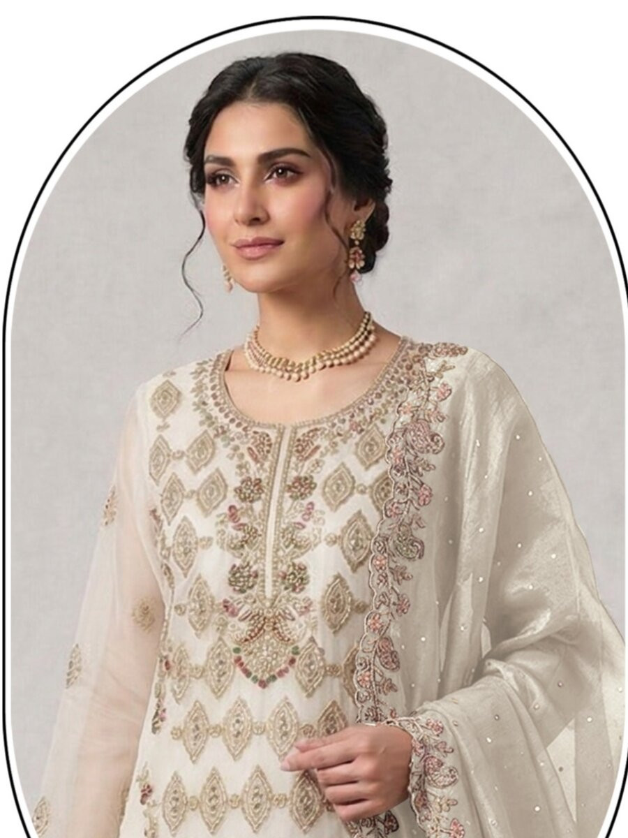 White Silk Embroidery Sequins Diamond Wedding Party Festival Casual Pant Salwar Kameez