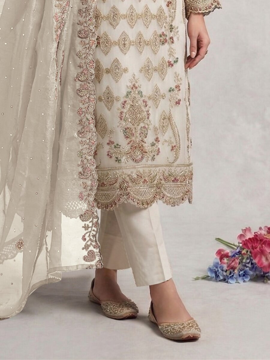 White Silk Embroidery Sequins Diamond Wedding Party Festival Casual Pant Salwar Kameez