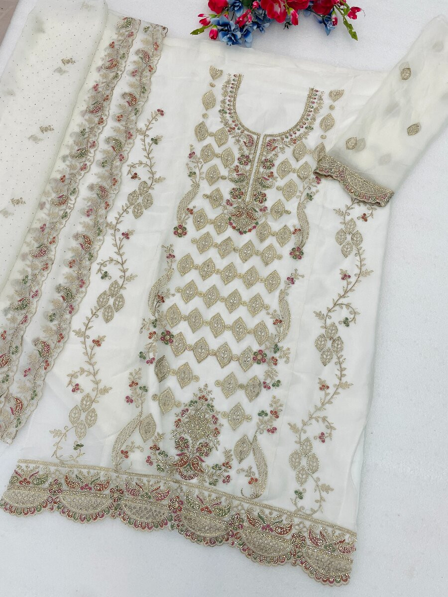 White Silk Embroidery Sequins Diamond Wedding Party Festival Casual Pant Salwar Kameez