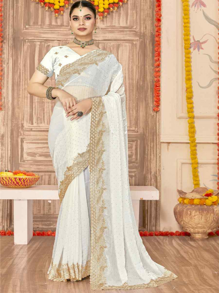 Image of White Silk Embroidery Traditional Bridal Reception Festival Wedding Fancy Heavy Border Saree