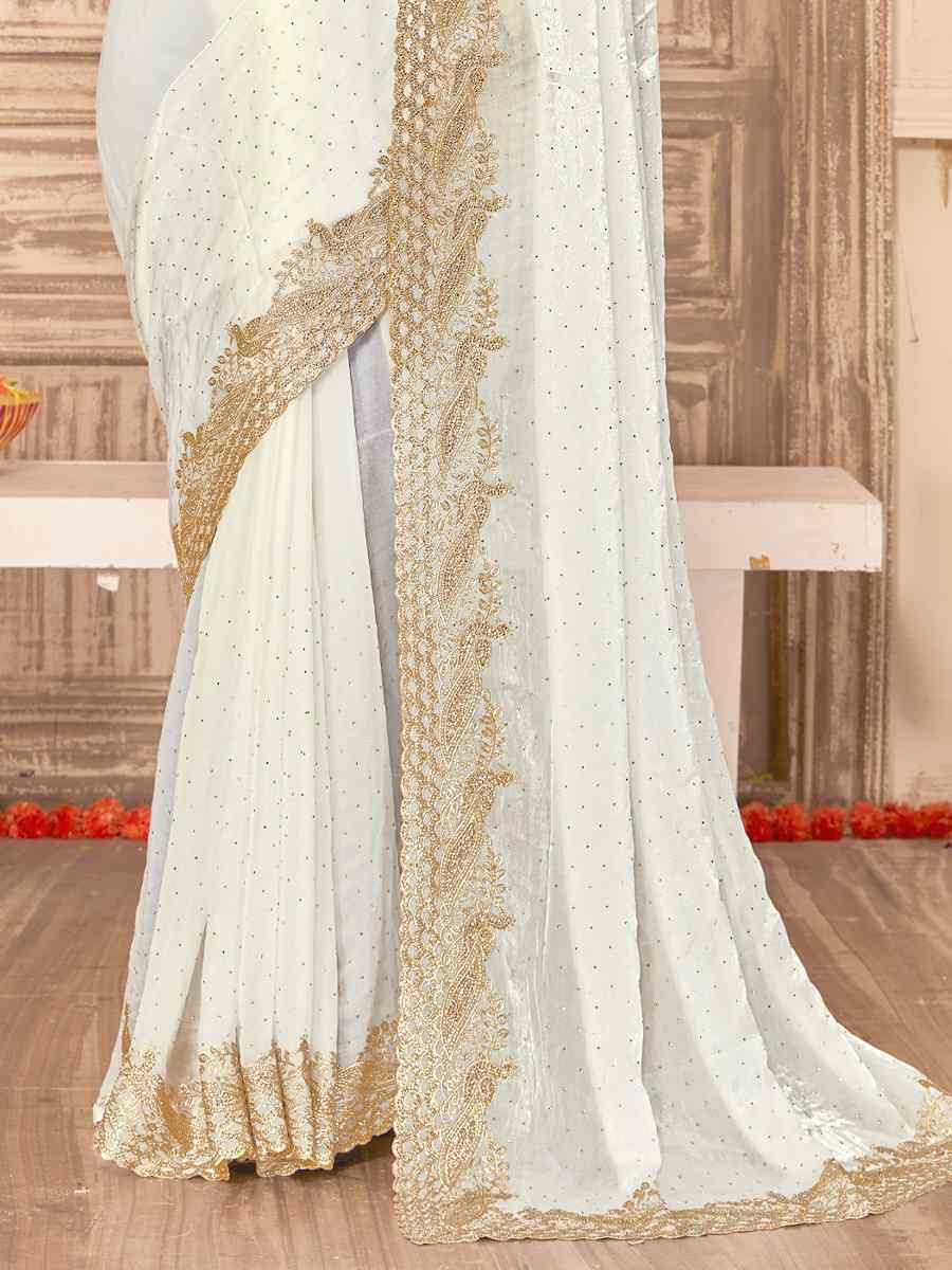 White Silk Embroidery Traditional Bridal Reception Festival Wedding Fancy Heavy Border Saree