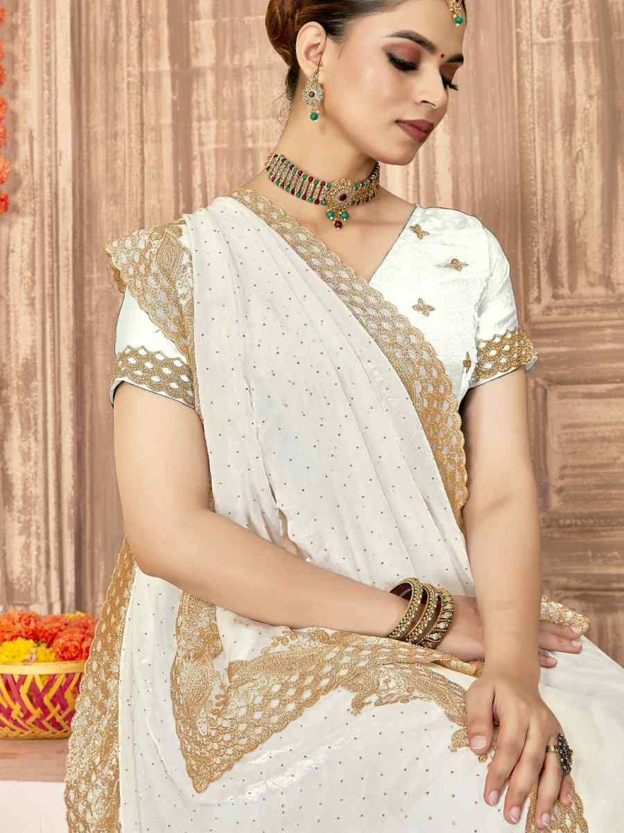 White Silk Embroidery Traditional Bridal Reception Festival Wedding Fancy Heavy Border Saree