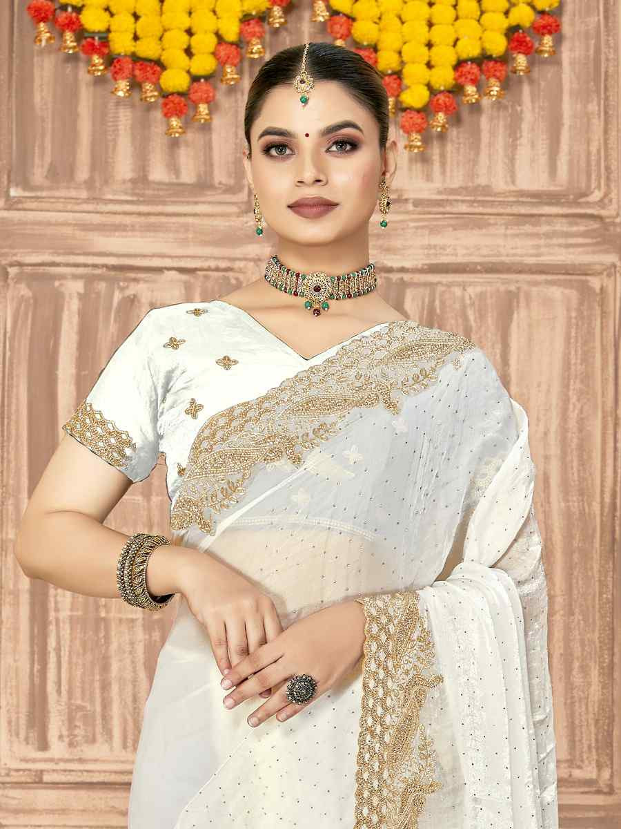 White Silk Embroidery Traditional Bridal Reception Festival Wedding Fancy Heavy Border Saree