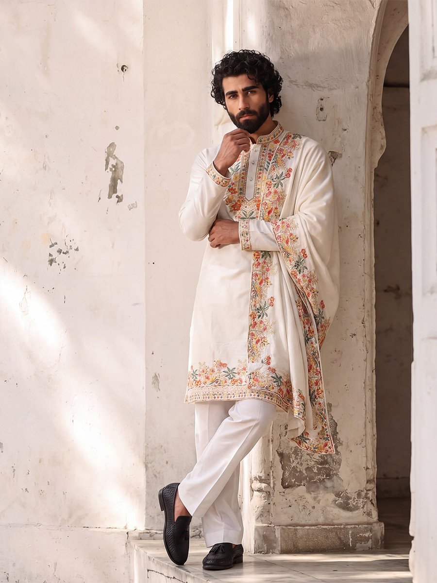 White Silk Embroidery Wedding Party Festival Casual Mens Wear Kurta