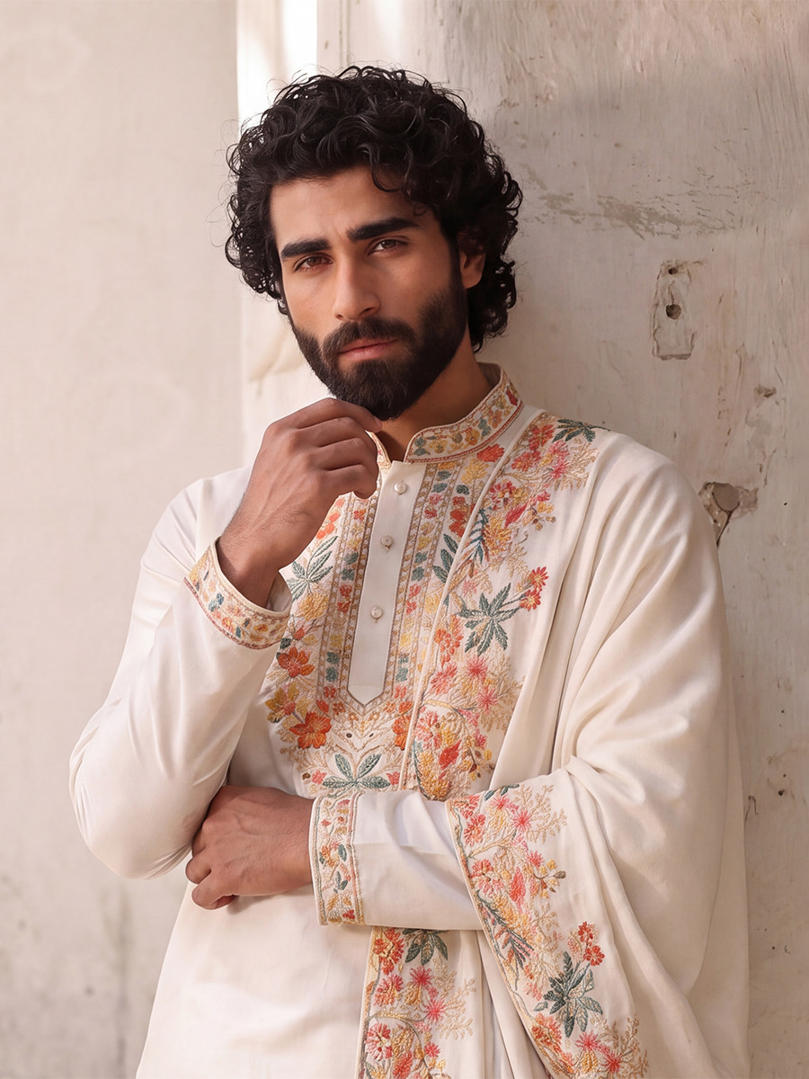 White Silk Embroidery Wedding Party Festival Casual Mens Wear Kurta