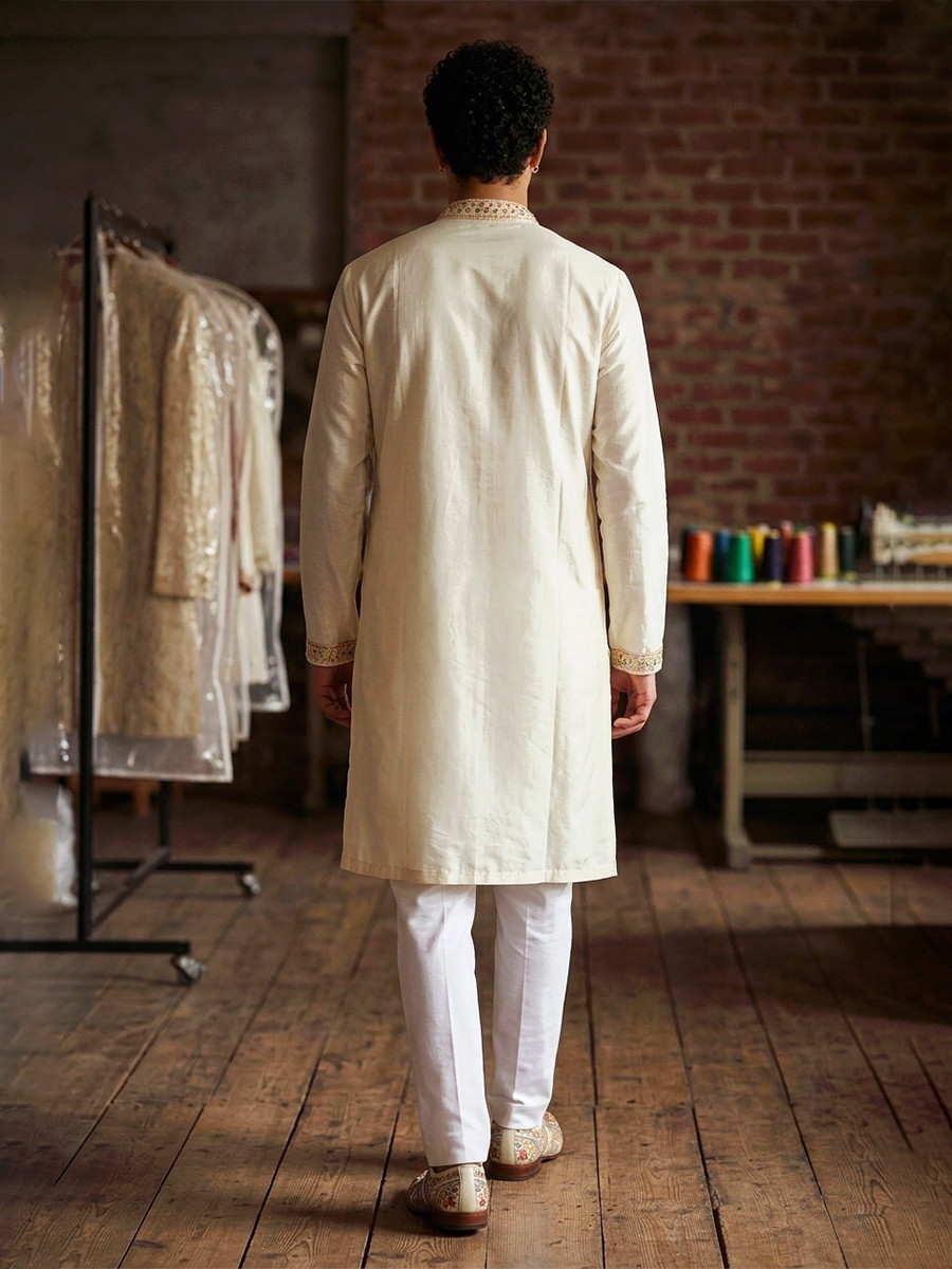 White Silk Embroidery Wedding Party Festival Casual Mens Wear Kurta