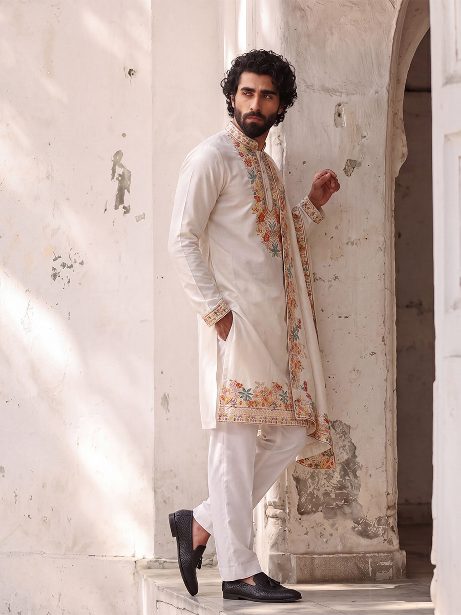 White Silk Embroidery Wedding Party Festival Casual Mens Wear Kurta