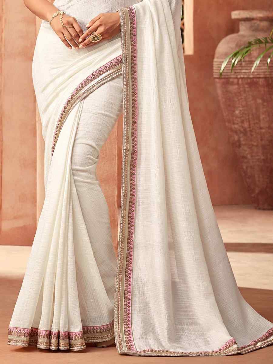 White Silk Georgette Embroidered Party Festival Classic Style Saree