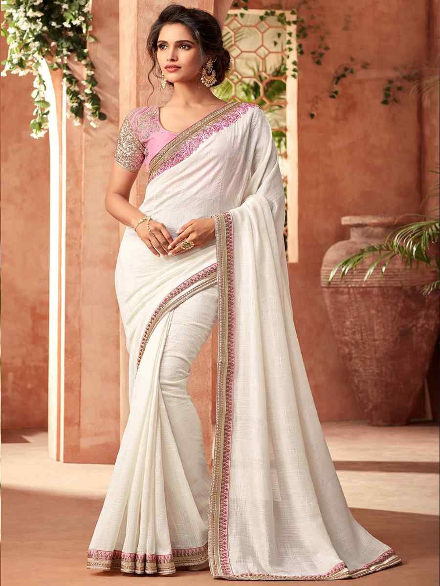 White Silk Georgette Embroidered Party Festival Classic Style Saree