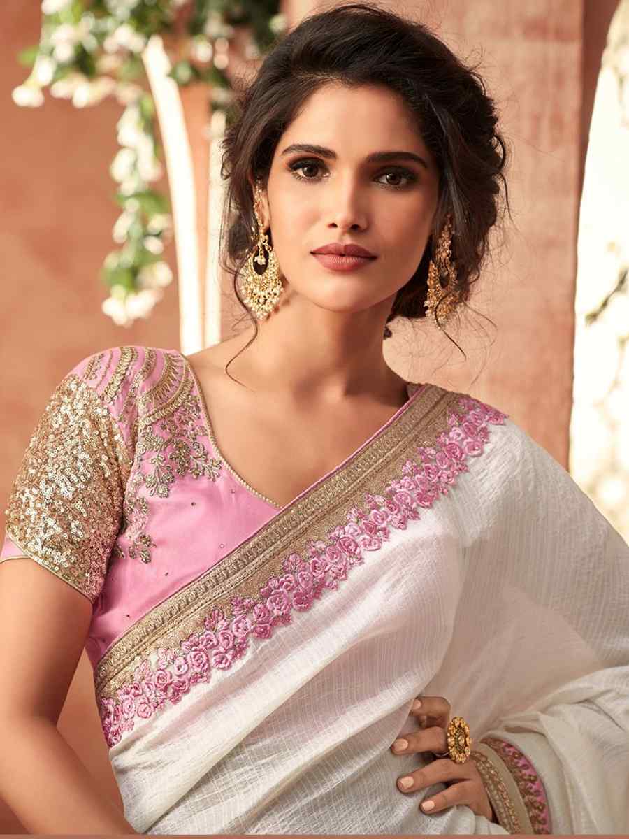 White Silk Georgette Embroidered Party Festival Classic Style Saree