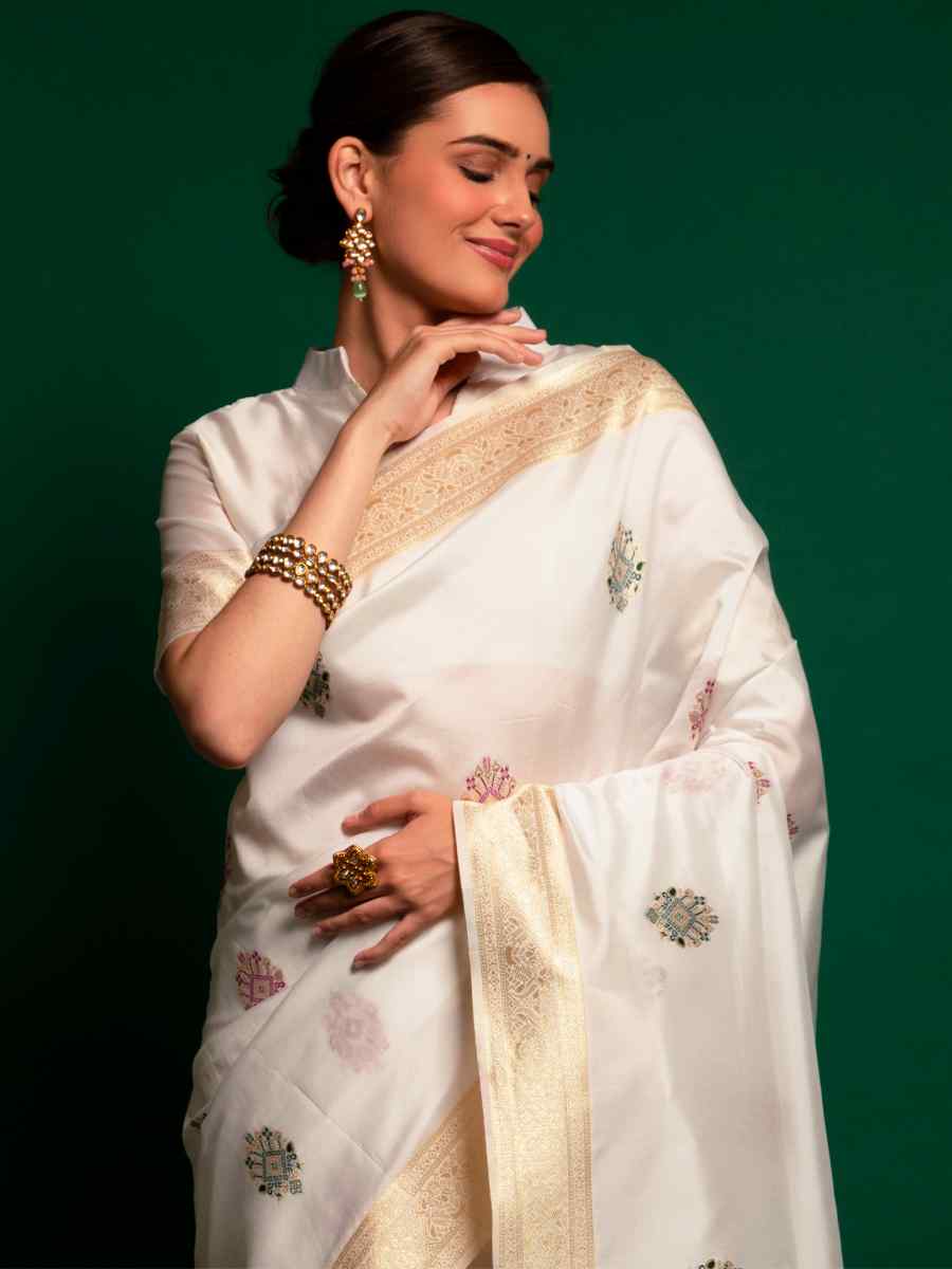 White Silk Handwoven Wedding Festival Heavy Border Saree
