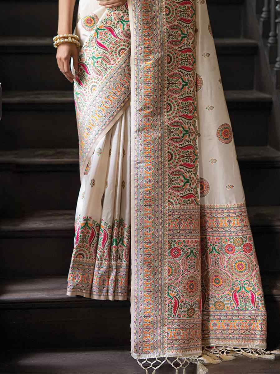 White Silk Handwoven Wedding Festival Heavy Border Saree