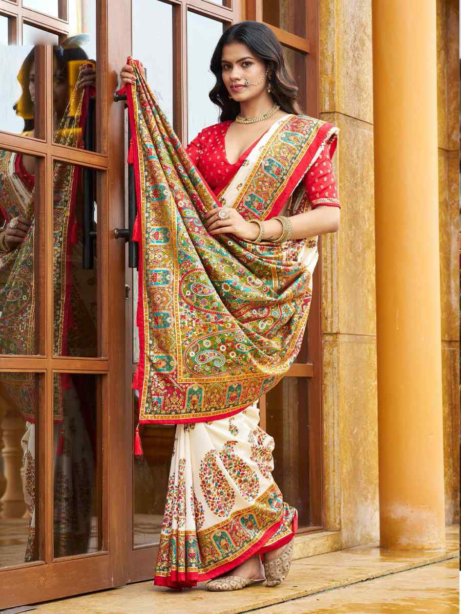 White Silk Printed Handwoven Traditional Bridal Reception Festival Wedding Fancy Classic Style Sarees