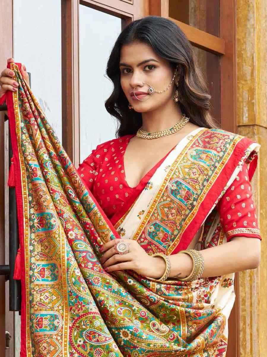 White Silk Printed Handwoven Traditional Bridal Reception Festival Wedding Fancy Classic Style Sarees