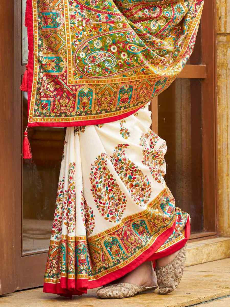 White Silk Printed Handwoven Traditional Bridal Reception Festival Wedding Fancy Classic Style Sarees