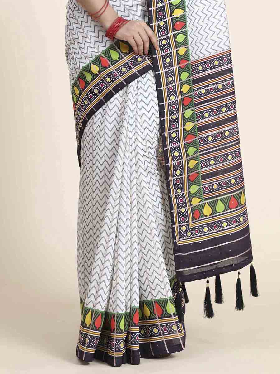 White Silk Printed Party Festival Classic Style Saree